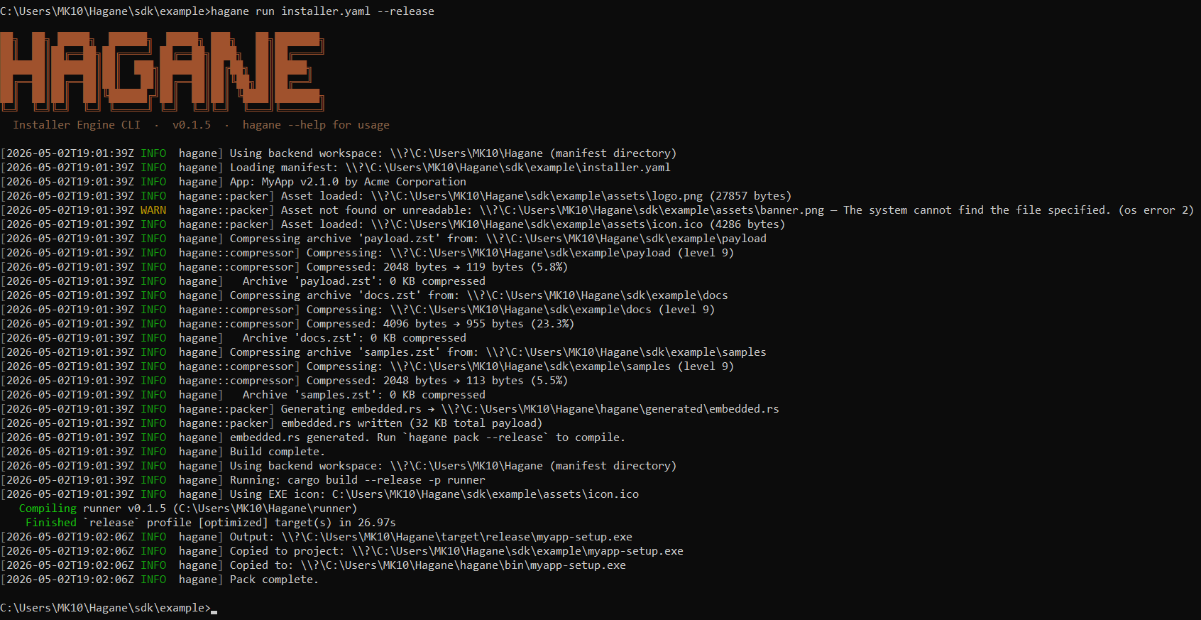 hagane run --release — successful build output
